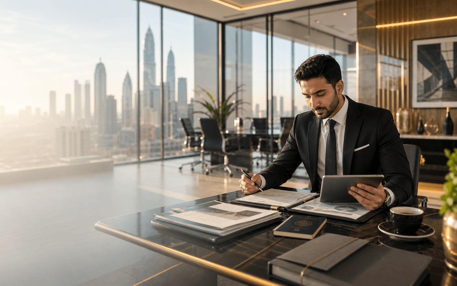 Entrepreneur reviewing business visa documents in an office