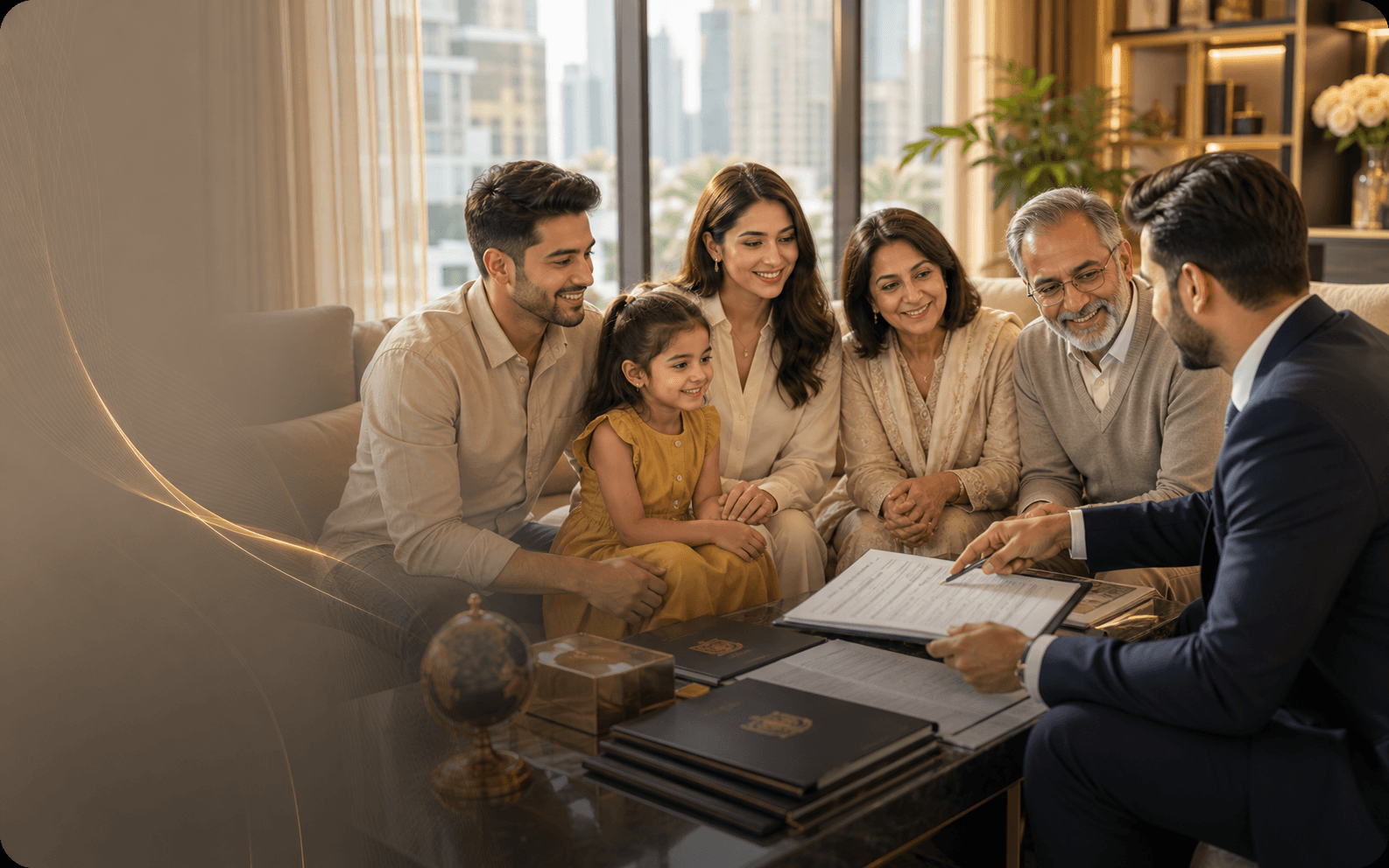 Family consulting on dependent visa paperwork together