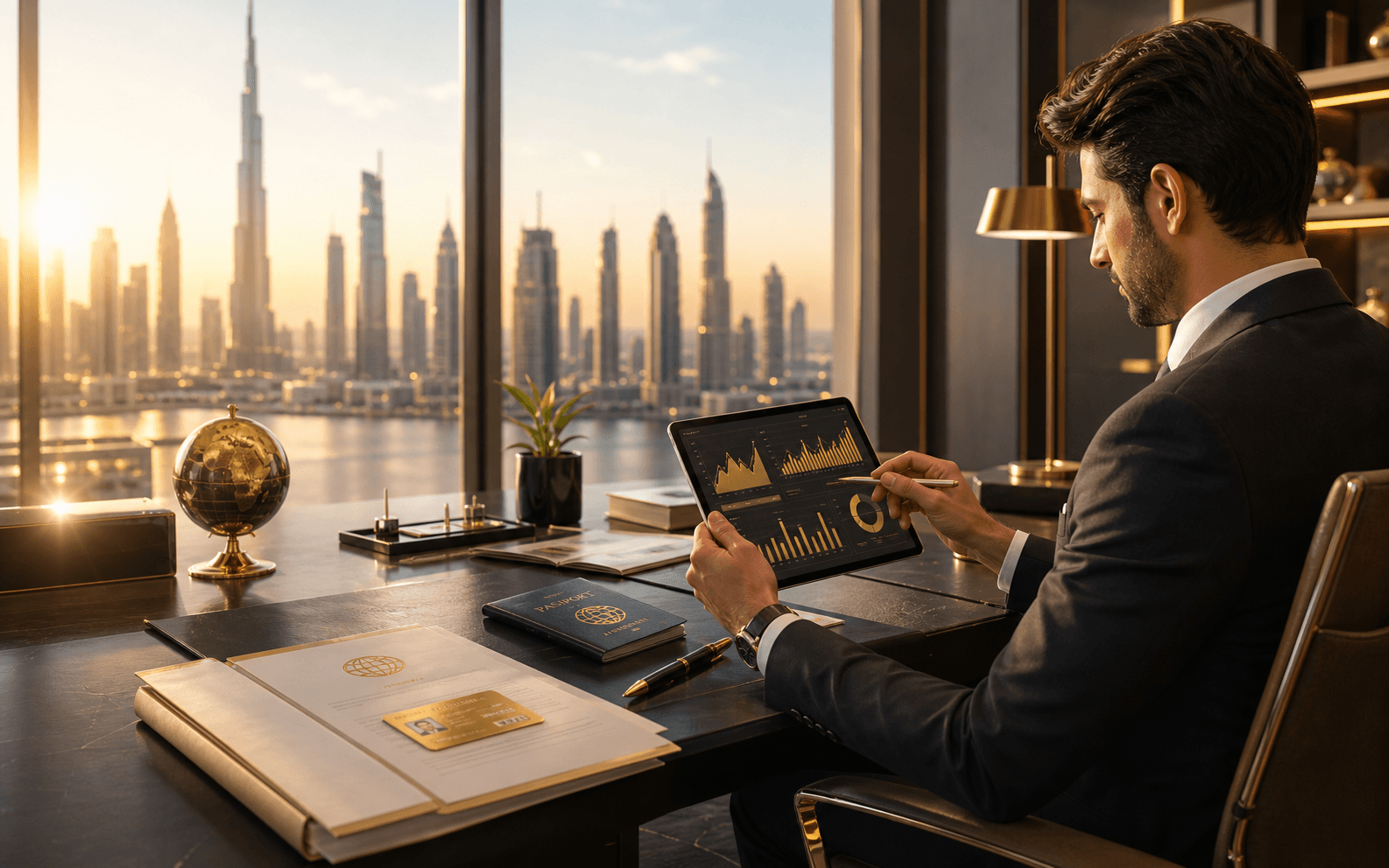 Investor reviewing portfolio and visa documents with city view