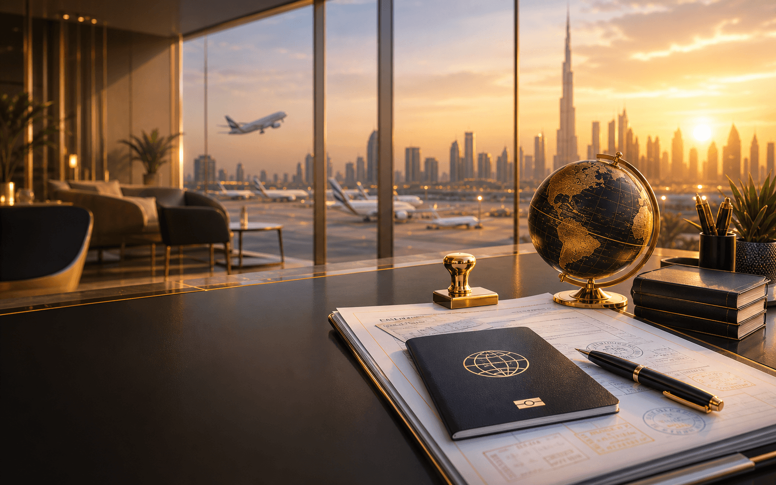Passport, globe and airport view for migration planning