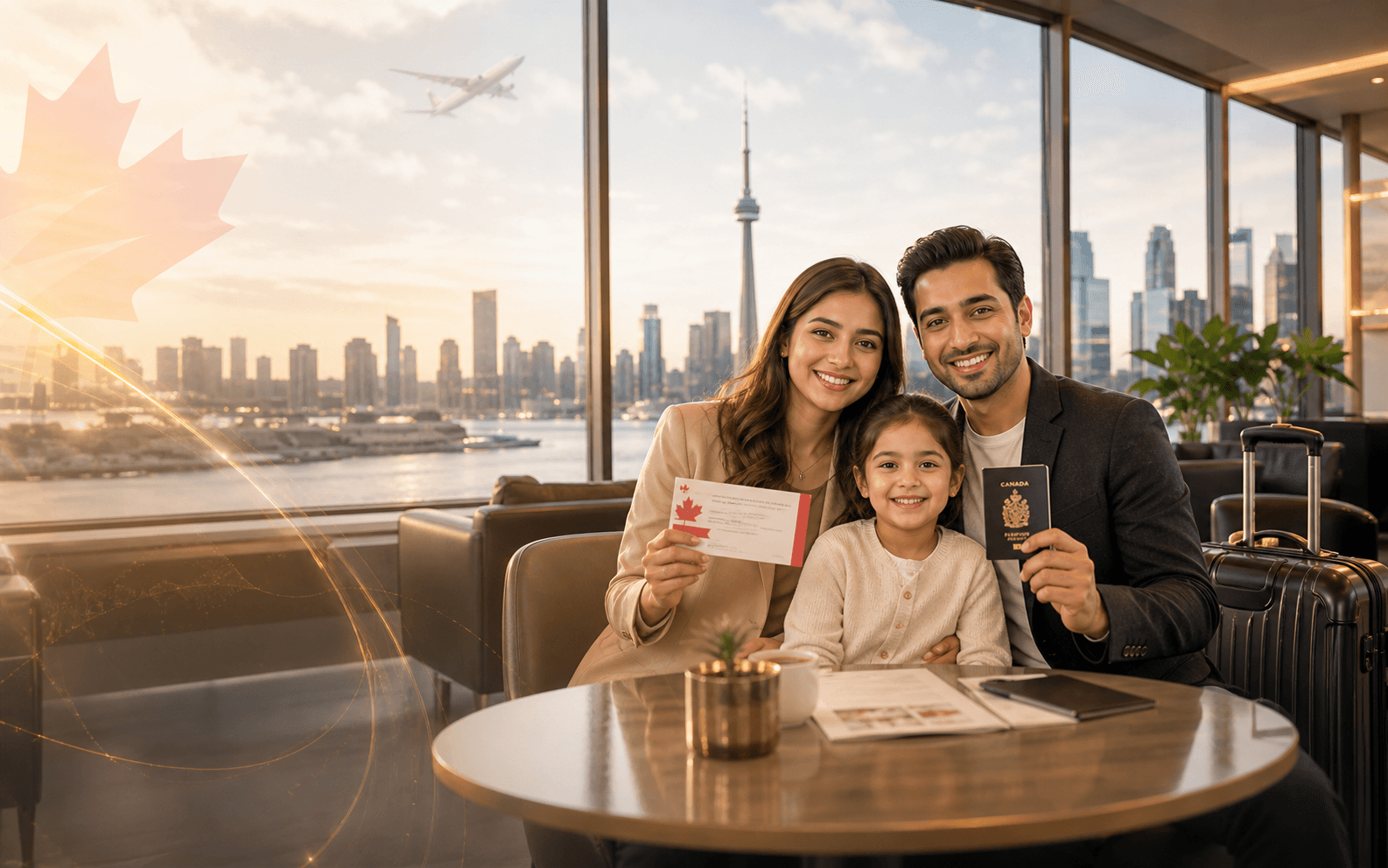 Family holding Canadian residency documents after arrival