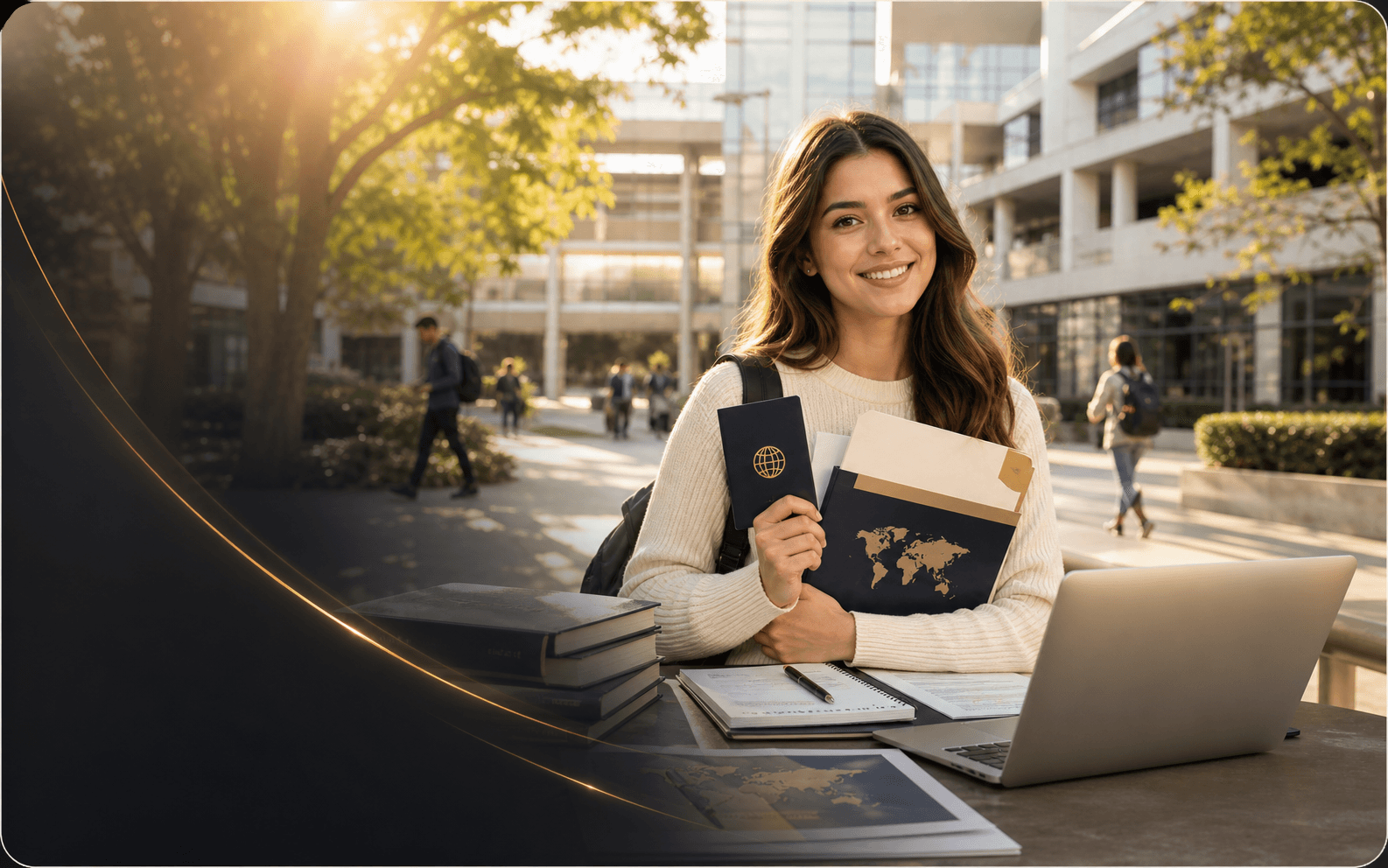 Student holding study abroad documents on a university campus