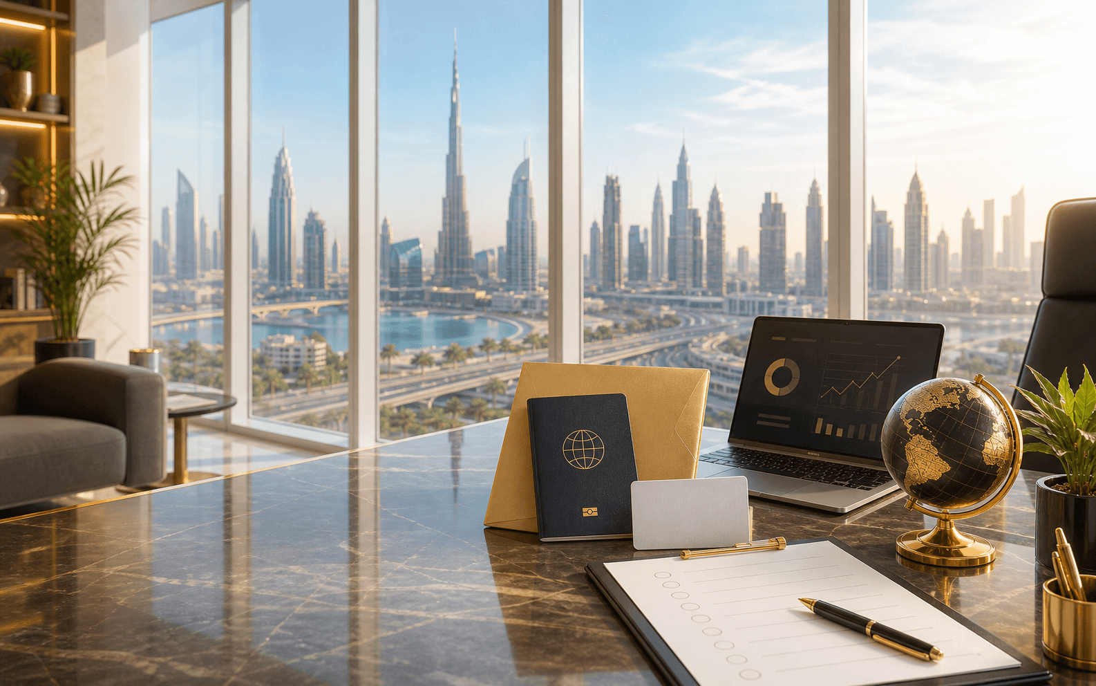 UAE residency documents on a desk overlooking Dubai