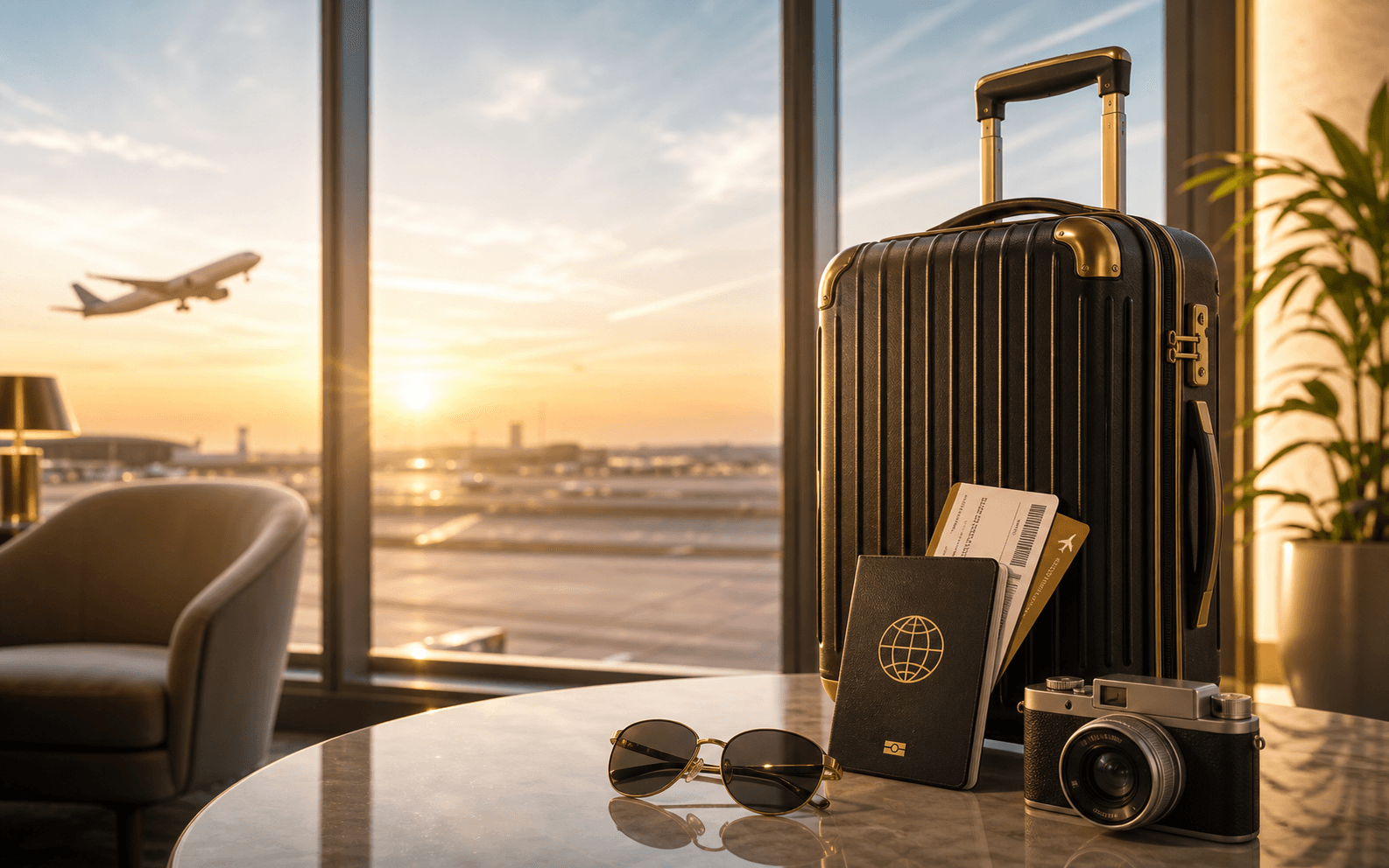 Travel suitcase, passport and airport lounge for tourist visas