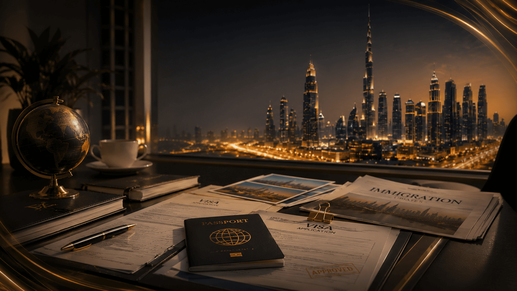 Passport and visa application documents on a consultant desk